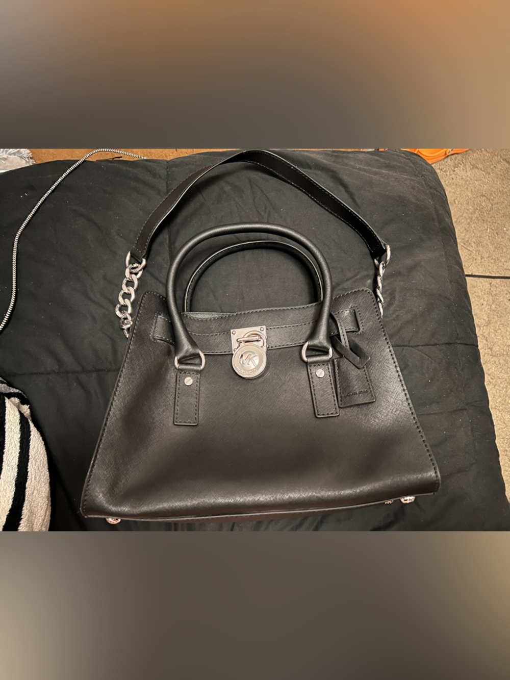 Michael Kors Black Leather Satchel with Chain-Accent Strap